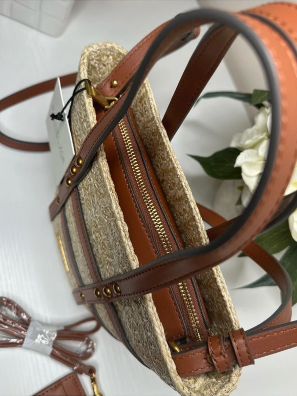 Rachel Zoe Woven Straw Tote Bag Brown Leather Trim Crossbody NWT - Picture 3 of 5